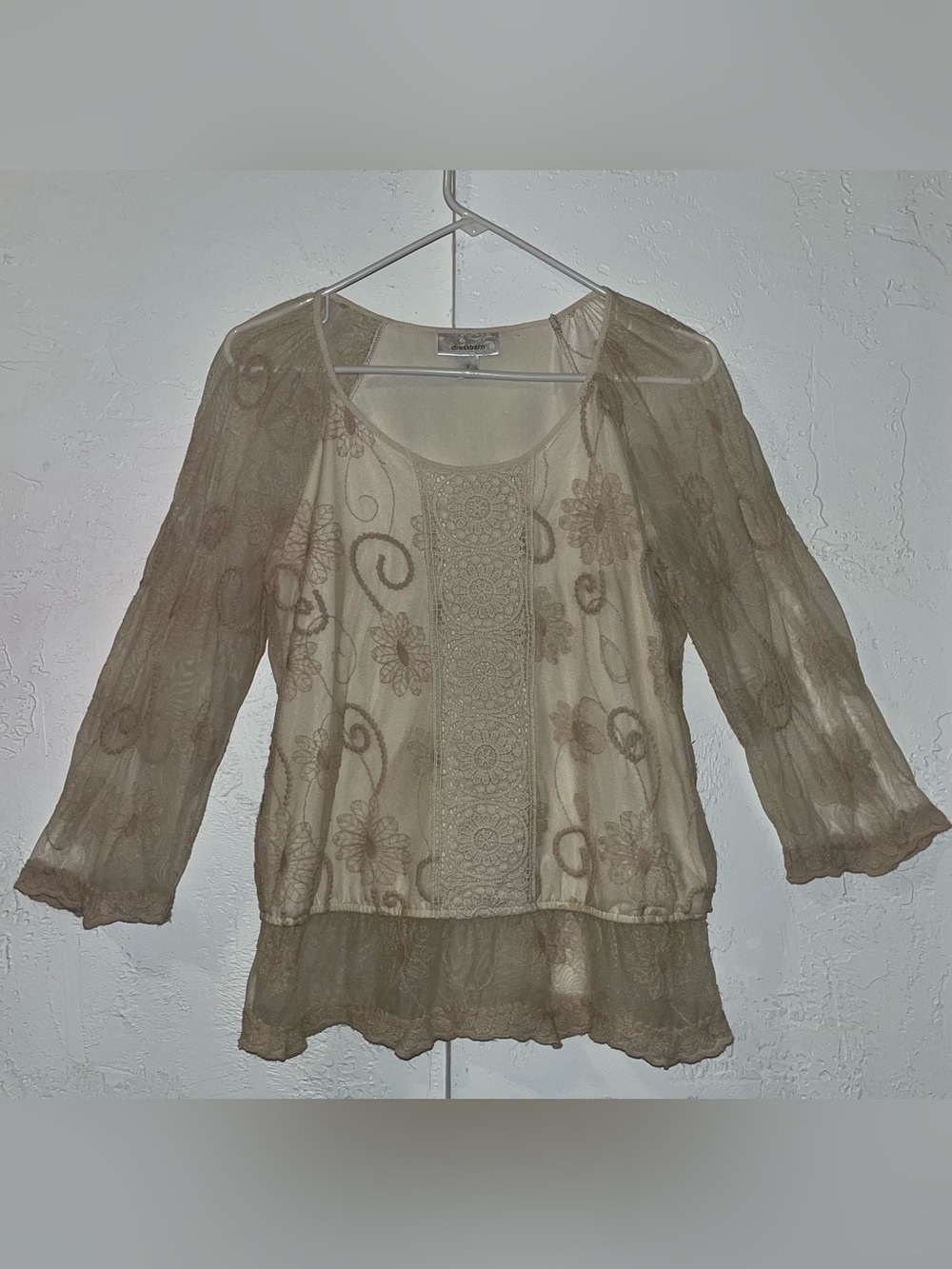 Dressbarn Cream Embroidered Overlay Tunic Top with Sheer Long Sleeves